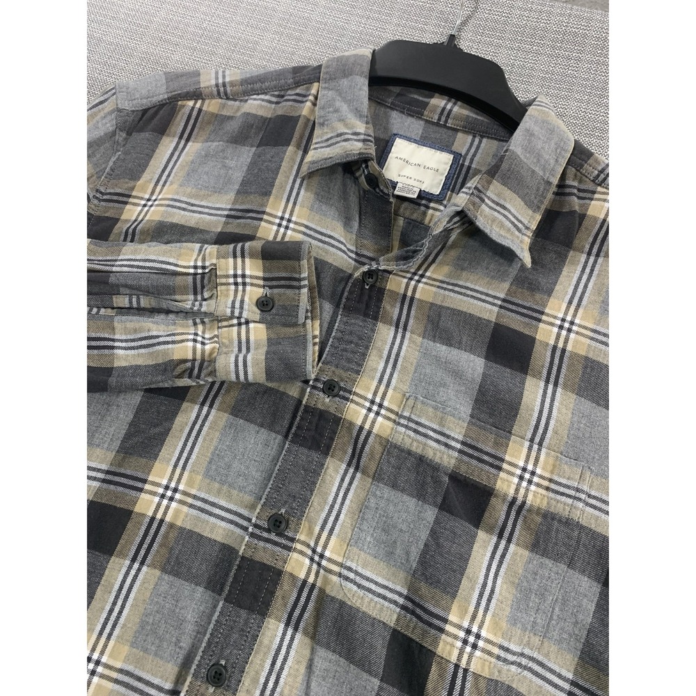 American Eagle Shirt Mens Large Gray Plaid Super Soft Flannel Button Front